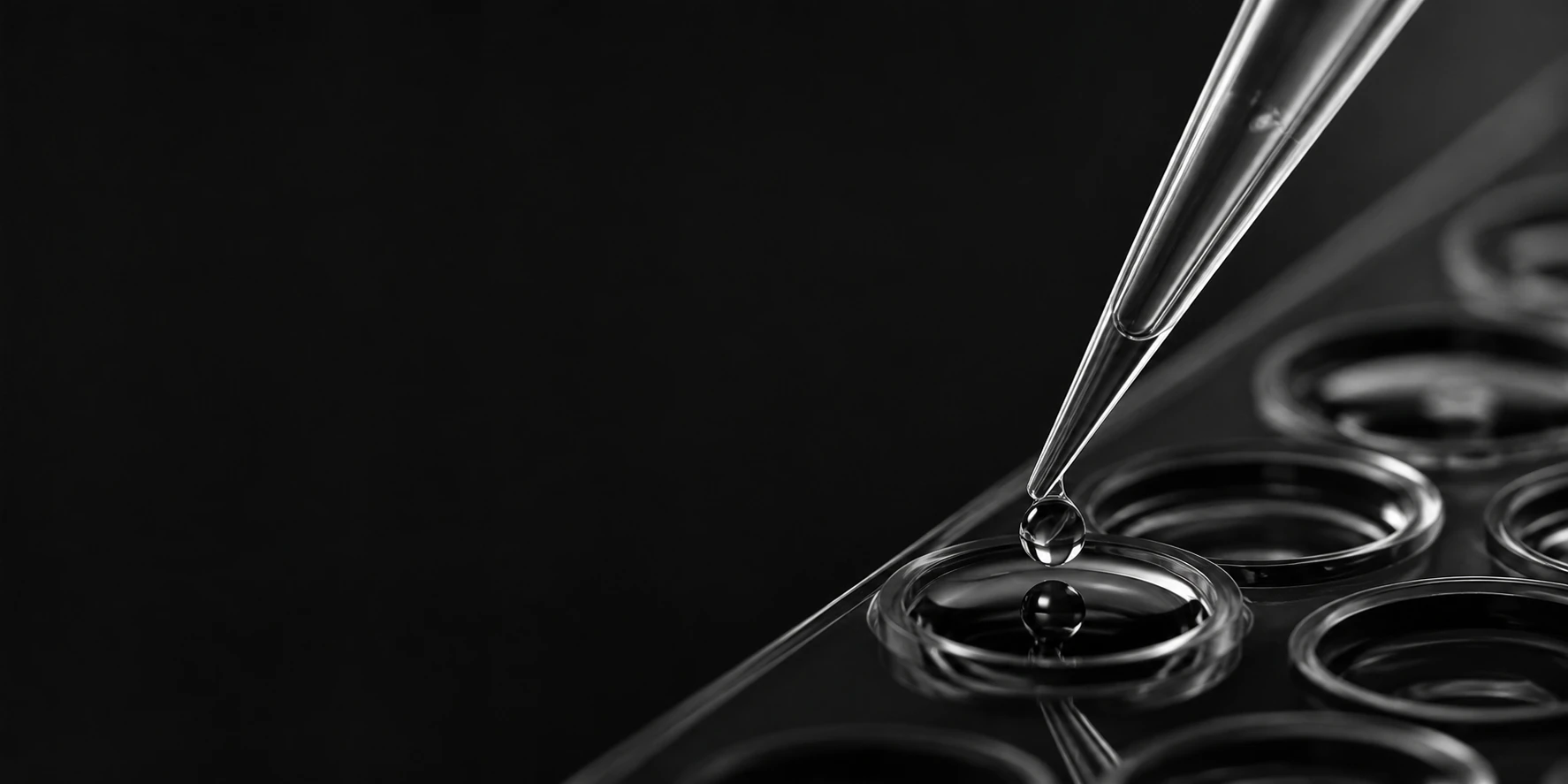 Pipette dispensing into a multi-well plate, shot in black and white